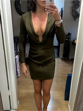 cult gaia Olive Green Deep V Long Sleeve Mini Dress